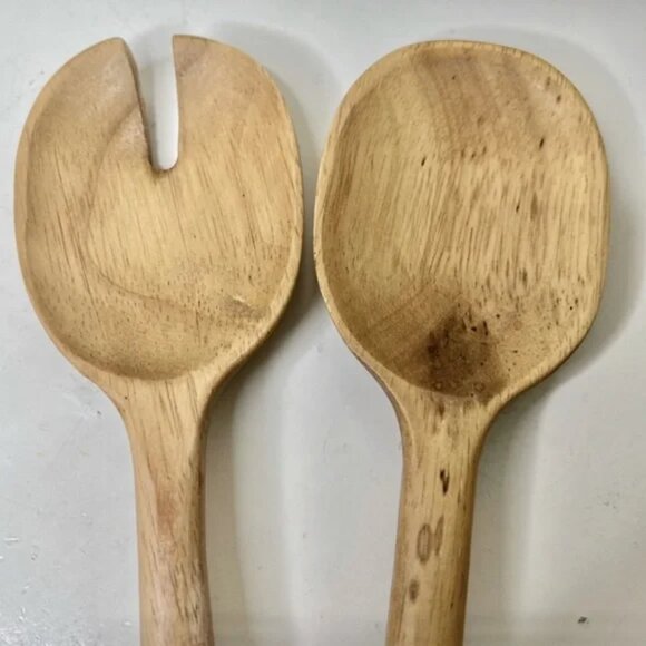 Serving -Utensil 2 Piece Spoon Fork Rubberwood Rattan Threshold Studio McGee New - Picture 4 of 6